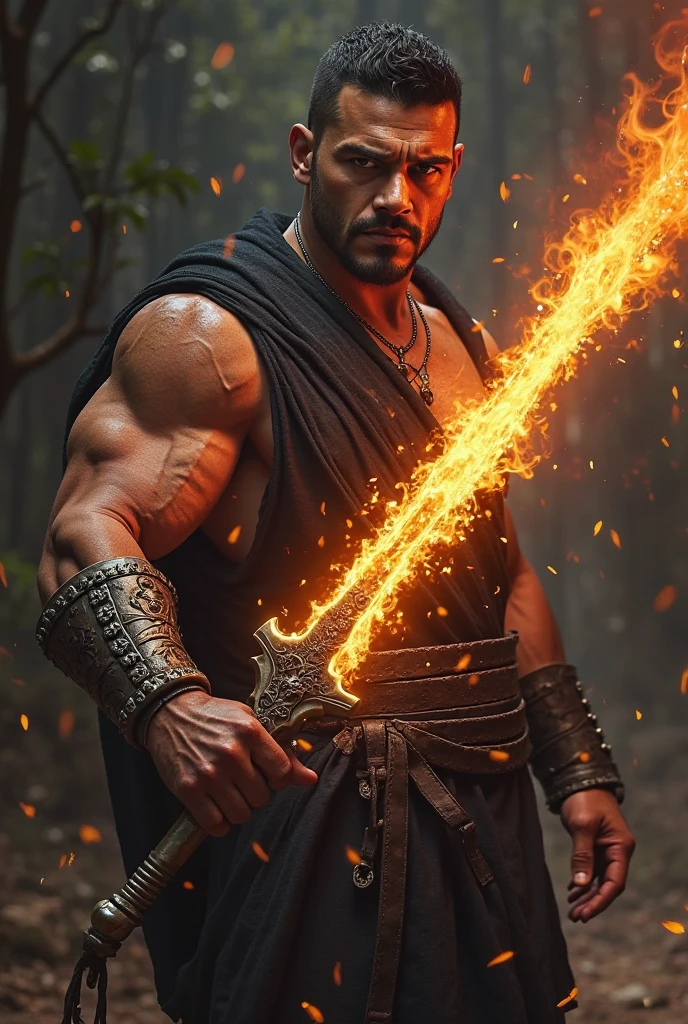 A man with a muscular and massive physique is holding a great sword. His muscles are solid and powerfully shaped., Strength and tendon are clearly evident.. His facial expression is smiling, symbolizing confidence and strength..
also, Green flames are burning all around. This flame symbolizes the power and energy of the muscular giant., shining brightly around him. The fireworks dance energetically and rise into the air., It emits a bright and beautiful light..