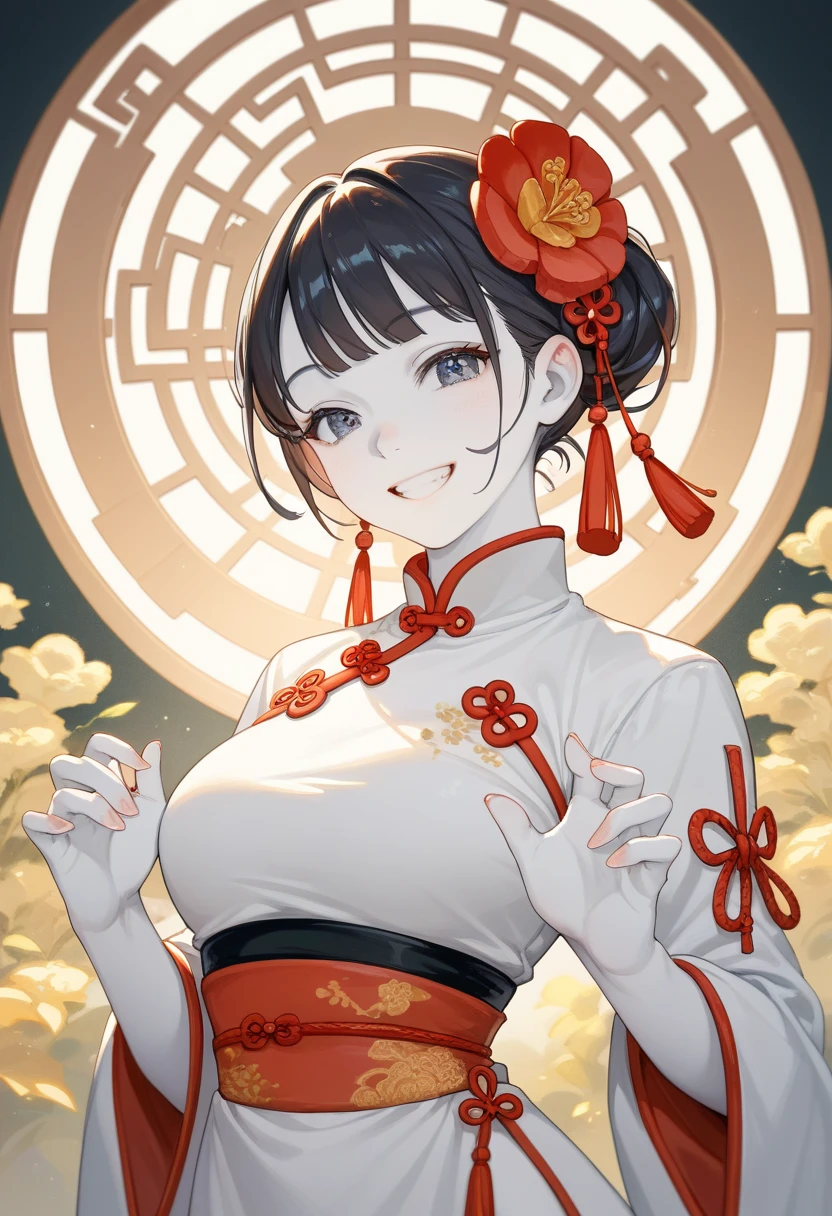 best quality, masterpiece, highres, solo, (kaede_bluearchive:1.10), bare shoulders, bead bracelet, beads, china dress, chinese clothes, dress, jewelry, looking at viewer, sleeveless, sleeveless dress, bracelet, smile, medium breasts, thighs, cowboy shot, :d, open mouth, 22 <lora:kaede_bluearchive:0.80>