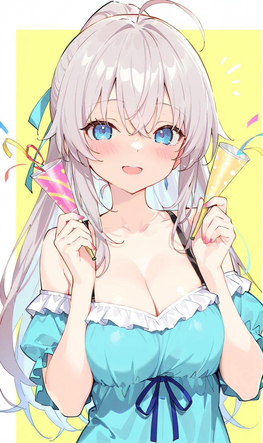 Post card, sexy waifu, long silver hair, green eyes, anime style. Busty, cute outfit, with the words "happy birthday"