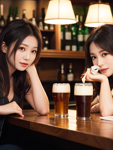 born,(Sharp focus、Eye focuasterpiece、Highest quality、Realistic詳細、Clear images、Realistic、High resolution),Beautiful smiling woman holding a cocktail glass、22 years old、big, Kind eyes,,bar counter,A shelf of whiskey bottles in the background、White shirt