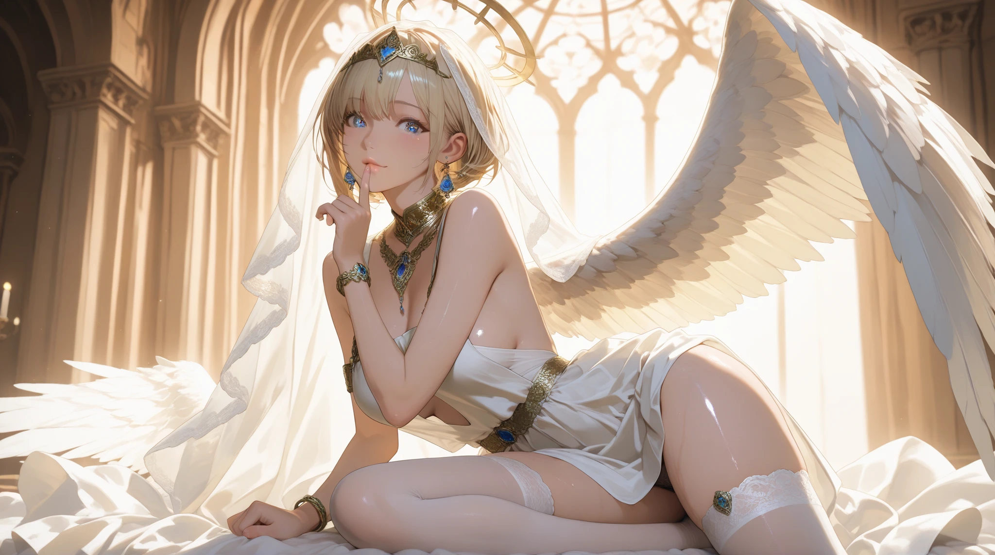 (lying face down), (from behind), (from above), (butt up), (legs spread:1.3), visible swollen vagina, (hands chained behind back:1.3), (neck chained), topless, nude, (golden halo), night, (dark cozy bedroom), (good mood lighting), on bed, perfect anatomy, large breasts, large butt, thin waist, long light brown hair, golden hair, large angel wings, (wings attached to shoulder blades:1.5) golden eyes, (detailed face:1.3), playful smile, (seductive look:1.4)