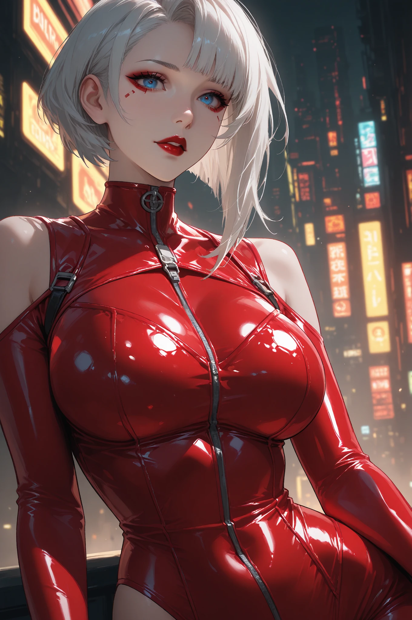 waist-up portrait of Cinderella reimagined in a cyberpunk setting, (white hair), (pony tail), (red eyes:1.5), modern dress infused with holographic elements. She exhibits a seductive and charming demeanor, with eyes that hold a mesmerizing look. Her backdrop features a cityscape with skyscrapers, reflecting her new-age fairy tale story. The scene captures her as a temptress with an alluring gaze and attracting looks, masterpiece: 2, best quality, ultra high-res, original, extremely detailed, perfect lighting