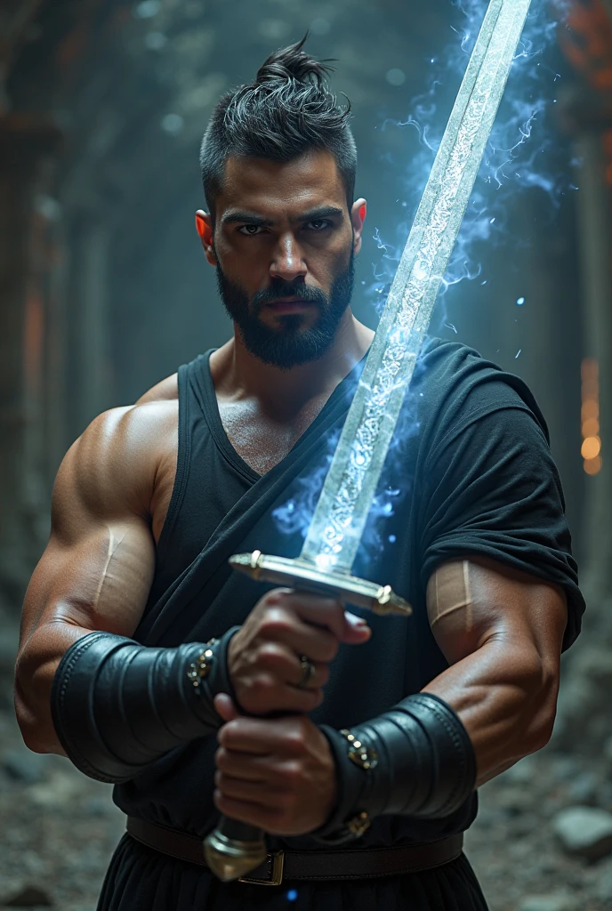 Illustration a a very handsome and sexy man, he is a wizard, he has deep blue eyes, nice abs, he wears an opened dark blue cloak with a large hood over his shirtless chest, magic swirls, white fog