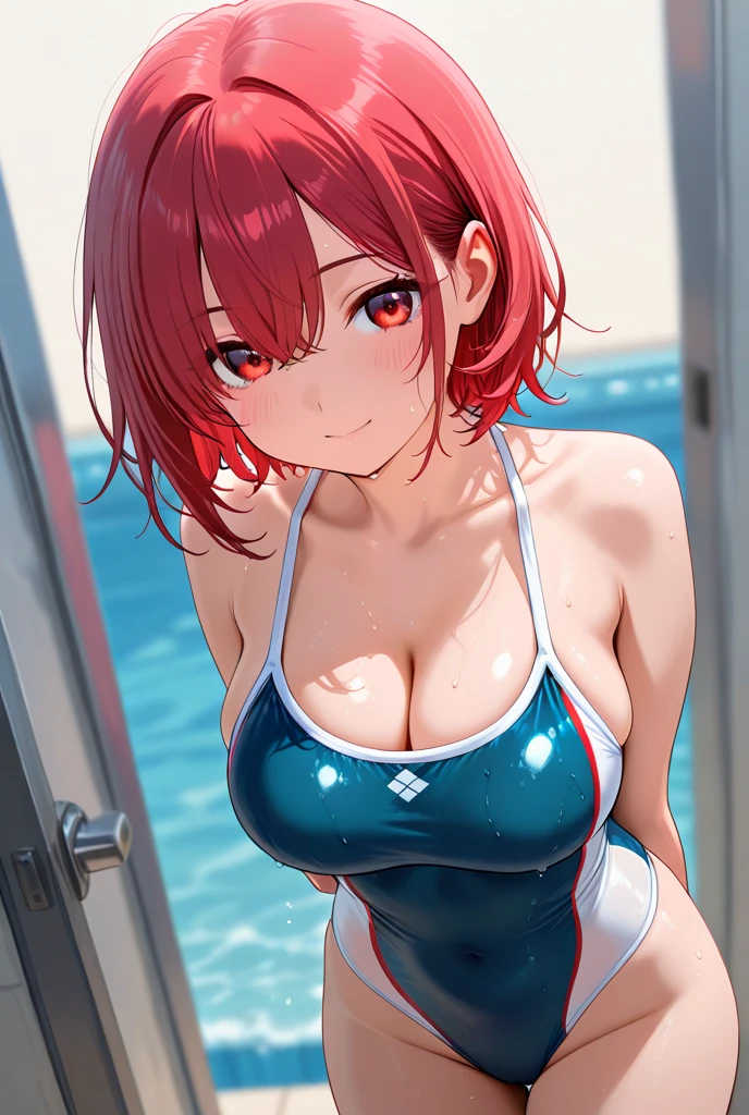 ((Highest quality, High resolution, masterpiece, detailed)),
Cowboy Shot, Written boundary depth, View your viewers, Anatomically correct, 1people, woman, Perfect Face, Cute and symmetrical face,
(Short Ponytail, Redhead), blue eyes, (Large Breasts:1.2),
Beautiful details, Beautiful Hair, Beautiful Face, Beautiful clavicle, Beautiful body, Beautiful breasts, Beautiful thighs, Beautiful legs,
(Shiny crimson micro bikini, Dry suit), (Open zipper),
(Beautiful views), summer, Ocean, Sandy Beach, (Cute Smile),