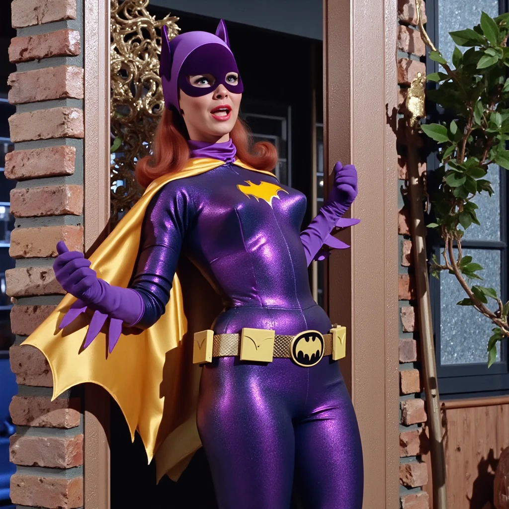 yvonne craig woman, in peril, shrugged shoulders, her body is tied, she squeezed, she is in pain , 60's style, analog film, on grass, film grain