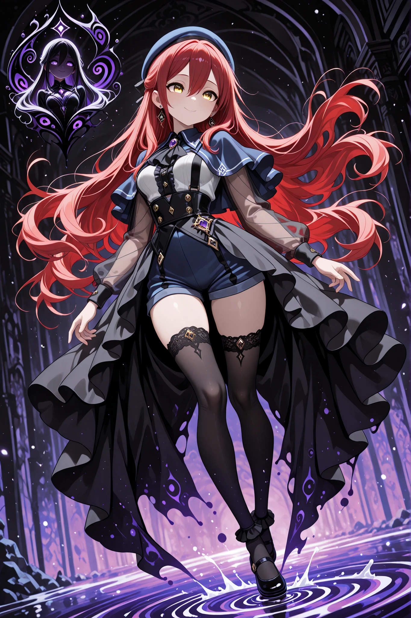 absurd_res, 8K, (masterpiece: 1.2), (best quality: 1.2), (detailed eyes, beautiful eyes:1.2), cinematic angle, cinematic shadows 

1 girl , golden eyes , very long hair , long sidelocks, red hair ,half updo, petite , very cute , beautiful ,Straight hair, cool, handsome, hair between eyes, sexy, medium breasts ,flowing hair, captured mid-motion as she stands on one foot in an elegant ballet pose. Her landing foot lightly touches a surreal, purple water surface, creating purple swirl radiating outward. The purple swirl originates from where her foot touches the water, spiraling upward and around her body in a dynamic, flowing motion, blending into the background. The scene is lit with soft, ethereal lighting, purple and black, emphasizing her peaceful smile juxtaposed with a grotesque atmosphere. The mystical yet unsettling tone enhances the overall composition, dark atmosphere 
 mortis outfit, blue beret, earrings, frills, capelet, gem, ascot, see-through sleeves, long sleeves, black skirt, blue shorts, black thighhighs, frilled socks, blue mary janes,  sometyome_illu, abstract, 