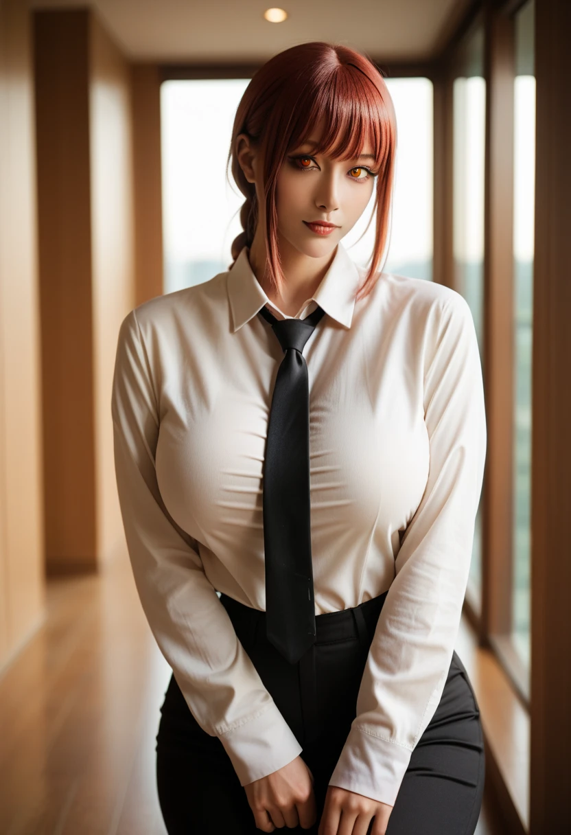 (best quality, master part, fullcolor, Dynamic angle, highest detailed) upper body photo, glad, (Makima, chainsawman), handsome fashion photography (red  long hair) Kizi (Stunning mature woman), ((Massive medium breasts)), High Dress Up Detailed Office Makima Suit, white shirt black tie(high resolution textures), in doggy pose, bokeh, (details Intricate, hyperdetailed:1.15), circunstanciado, sunlight passing through hair, office background, (offcial art, extremely detaild, highest detailed),