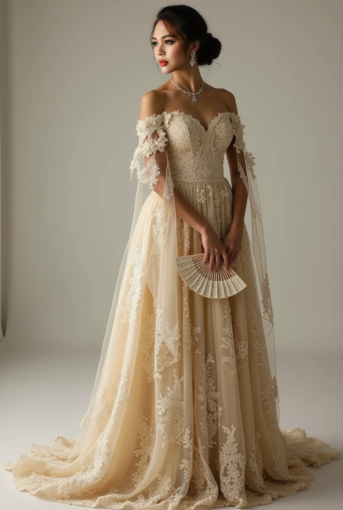 ### **Refined Wedding Dress Design for Keqing:**
**1. **Silhouette and Structure:**
- **Silhouette:** A classic A-line gown with a fitted bodice and a full, flowing skirt. This silhouette is timeless and elegant.
- **Train:** A cathedral-length train for a dramatic effect, adding a touch of grandeur.
**2. **Color Palette:**
- **Primary Color:** Pure white as the base of the gown for a classic and elegant look.
- **Accent Colors:** Amethyst and gold for details and embellishments.
**3. **Fabric and Texture:**
- **Base Fabric:** Use luxurious silk satin or taffeta for a smooth and polished finish.
- **Overlay:** Incorporate layers of delicate white lace or organza for added texture.
- **Embellishments:** Amethyst and gold thread embroidery or beading to add subtle yet sophisticated sparkle.
**4. **Design Elements:**
- **Neckline:** A classic sweetheart neckline or high neckline with a sheer lace overlay. Consider a gold-embroidered lace trim for a regal touch.
- **Sleeves:** Long, sheer lace sleeves with amethyst and gold detailing or opt for off-shoulder sleeves with a delicate gold accent.
- **Bodice:** Embellish with intricate amethyst beading or embroidery, possibly in a floral or geometric pattern to enhance the elegance.
**5. **Accessories:**
- **Headpiece:** A gold tiara or hairpin with amethyst accents, reflecting Keqing’s refined and regal nature.
- **Veil:** A white veil with gold embroidery along the edges and subtle amethyst accents to tie the look together.
**6. **Additional Touches:**
- **Belt or Sash:** A gold belt or sash at the waist with amethyst gemstones or embroidery to cinch the gown and add a touch of sophistication.
- **Lining:** Consider a subtle amethyst lining for the inner layers of the skirt that hints at the color when the gown moves.
This design combines classic elegance with a regal color palette, ensuring the dress is both timeless and reflective of Keqing’s unique style.