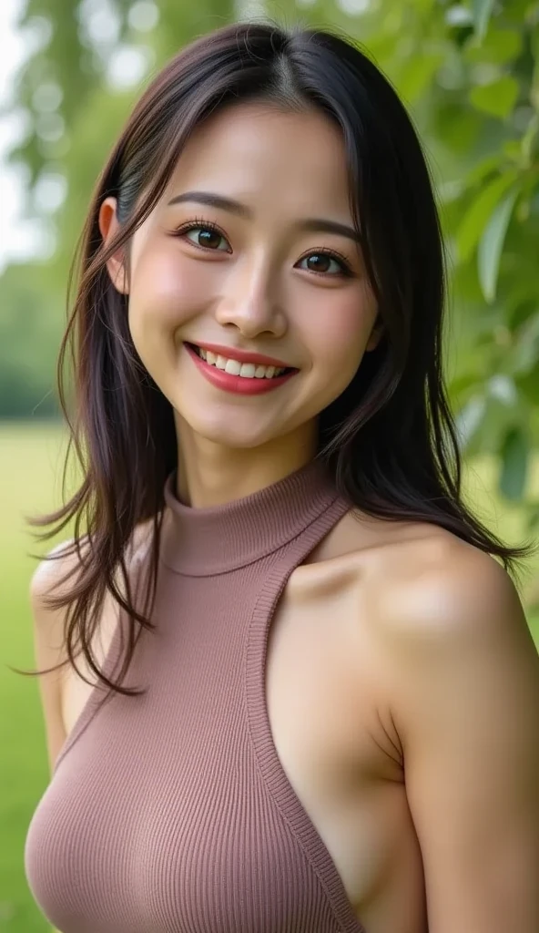 (8K,Raw photo、Raw photo、top-quality、Master masterpiece:1.2)、ultra-detailliert、Super Resolution、(Photorealsitic:1.3)、Angle to shoot from the front、Clearly draw shades of light、high resolution RAW color photos、professional photograpy、Same skin type as humans、Female proofreading of Japan from head to waist、Blur the background、Draws faithfully to anatomy、cafes、Very detailed and beautiful、Ultra-high image quality、long、Hair swaying and sexy、Very detailed beautiful girl、(Pink Eye Shadow)、smil、Plain clothe、The upper part of the body、Park on a sunny day
