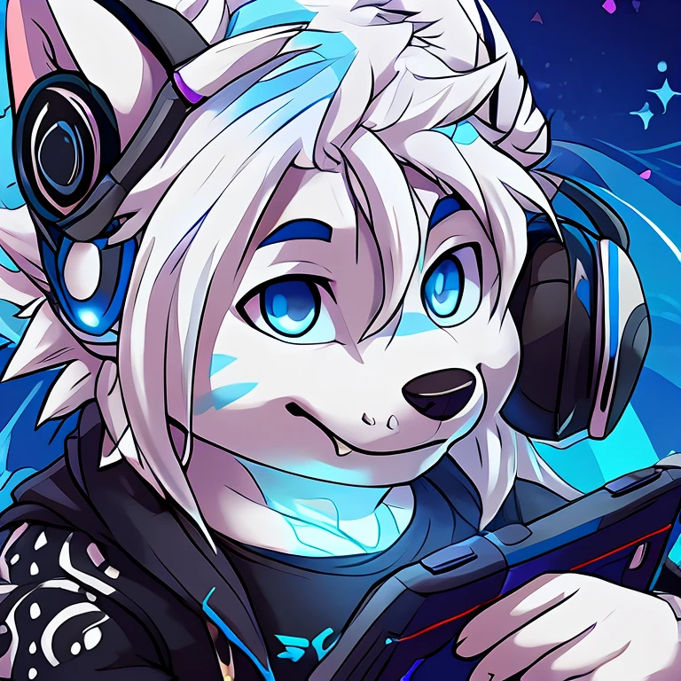 natural arctic fox with gray spots on body and face, white hair with light blue tips, clear blue eyes, smiling, fluffly, a little inclined, naughty man, using gaming headphones, wearing no shirt, stremer