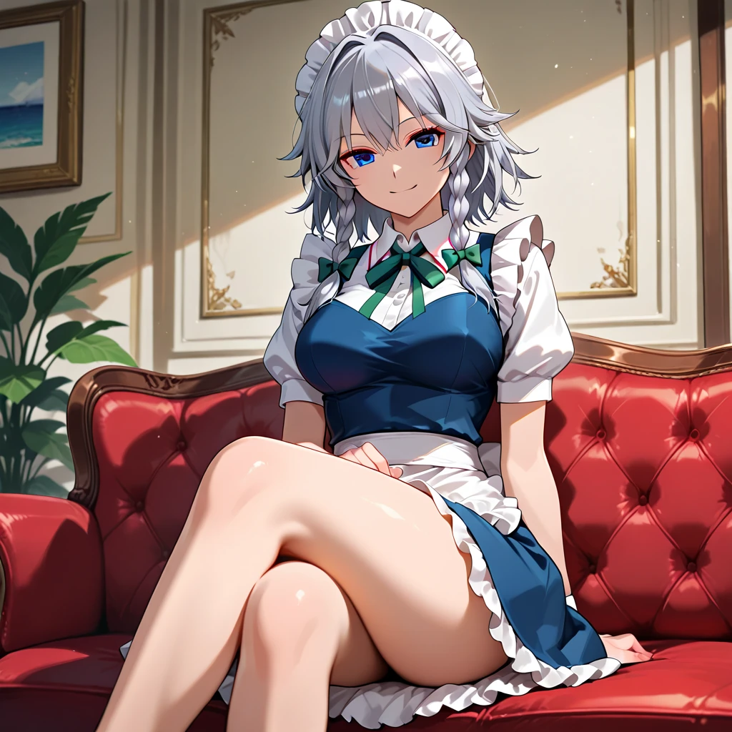 (((one women))),(((izayoi sakuya))),(touhou), red eyes, maid, medium hair, twin braids, grey hair, maid headdress, blue dress, puffy short sleeves, maid apron, waist apron, white apron, green bow, hair bow, waist bow, white bow, ,(large breasts),(((full body))),(((arms behind head,spread legs))),(((white background))),(((Diagonal angle)))