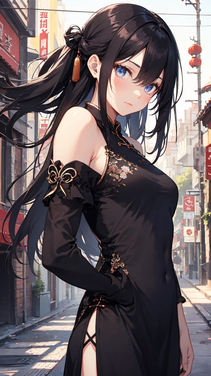 Clear skies，Age 28 years，one，Black and white cheongsam，The chest is quite large，，Elegant and generous，Temperament and slim fit，Slim，whole body，whole body照，