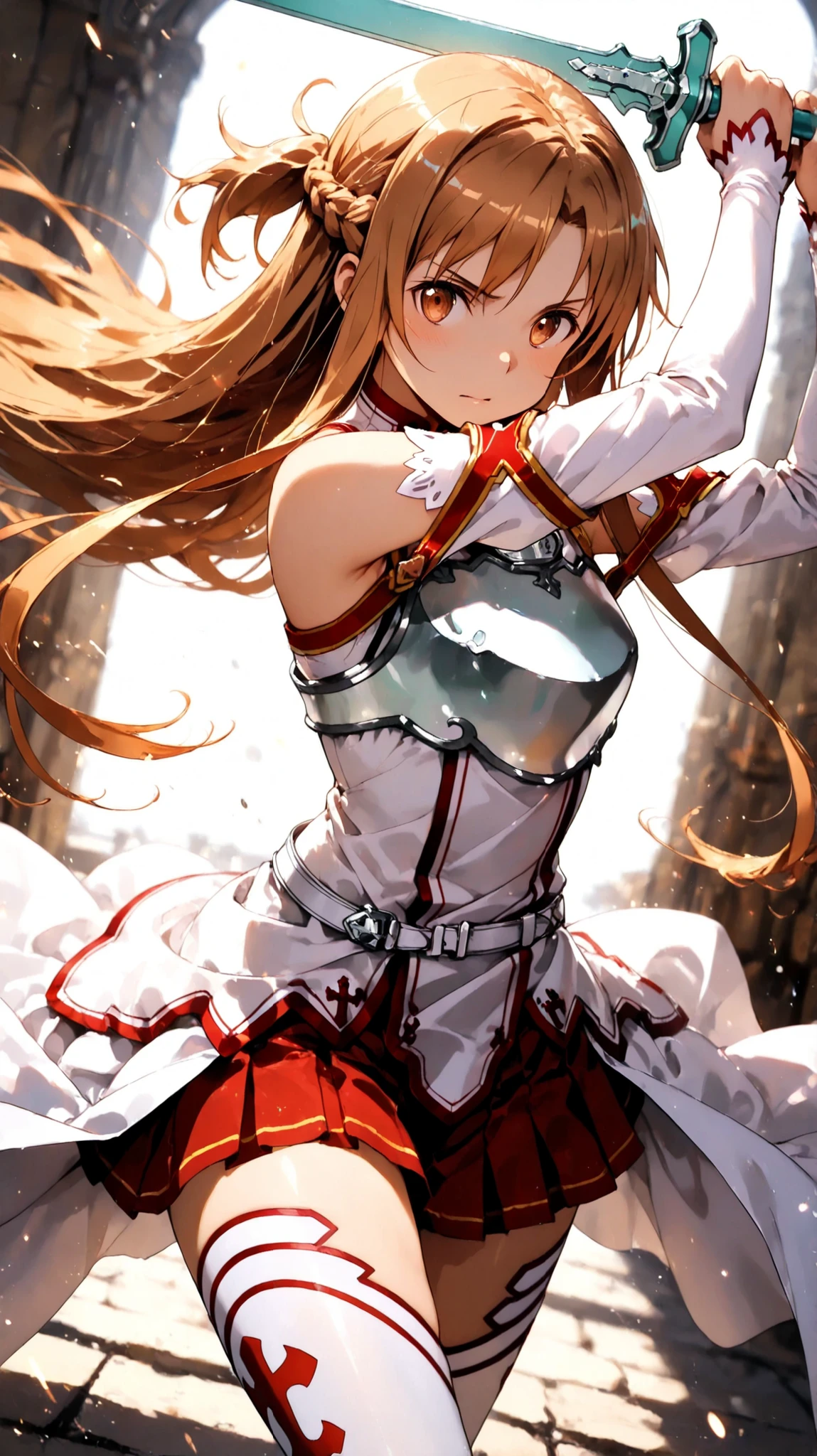 masterpiece, best quality, absurdres, 1girl, solo, safe, asuna \(sao\),sword art online, long hair, brown hair, braid, brown eyes, breastplate, bare shoulders, white dress, detached sleeves, white sleeves, white belt, pleated skirt, red skirt, white thighhighs,Swinging a sword,action pose,dutch angle,motion lines,depth of field,