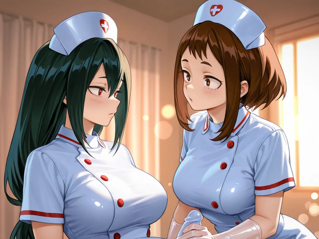 Anime Moe Art Style,Highest quality,High resolution,Anatomically correct,Multiple Girls,Mid-s,Mr.々Hair style,Super detailed,Big Breasts,Shiny skin,Beautiful Skin,A rich expression,A big smile,high school girl,Gal-style girl,Nipples are visible,Nurse uniform,Show off your chest,Flip up the skirt,sexy,Love Hotel,Eyes drawn in detail,8K