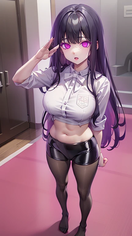 Yoruichi shihouin, dark skin, 1girl, solo, hip hop shirt, jacket, cool glasses, oversized t shirt, black thighhighs, breasts, cleveage, pleated skirt, hair between eyes, large breasts, long hair, looking at viewer, purple hair, pony tail, solo, thighhighs, thighs, long hair, ((masterpiece)), tokyo city, japanese store, japan road, tokyo tower, standing, sexy pose, blush, shy, smile, show teeth, detailed hand, beautifull finger,