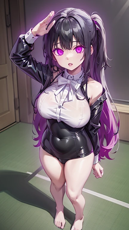 (8K,Highest quality,masterpiece:1.2),(Heart Eyes),(Clothing Details),(Big Breasts) ,((Detailed hand and fingers)),High quality CG Unity 8k Huge file size,Ultra fine,High resolution,Beautiful Eyes,Ray Tracing,Dramatic Shadows,delicate,Hyper Detail,(1 girl:1. 3)、(Single)、(Purple braided long hair)、 (Cosplay、Cute black and purple wizard latex maid dress with white frills、Latex Short Skirt)、blush、Proudly、Big Ass、((Two-dimensional woman)),(One person)、(Simple Background)、hot、((Sweaty))、((Cowboy Shot))、Black leggings、((((a little plump body))))、((()))、(((Showing black panties)))、(((Face forward and spread your legs wide)))、Embarrassed、spoken heart 、piece by hand