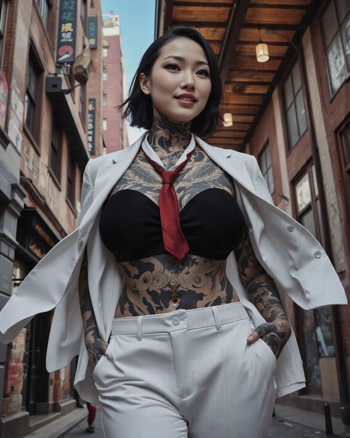 1 asian woman, spy, elegantly dressed, smirk, short black hair, holding knife, y2k animation, hq, intricate detail, high quality, smooth, (masterpiece, best quality), tattoos, standing, blank background, white background, Japanese woman