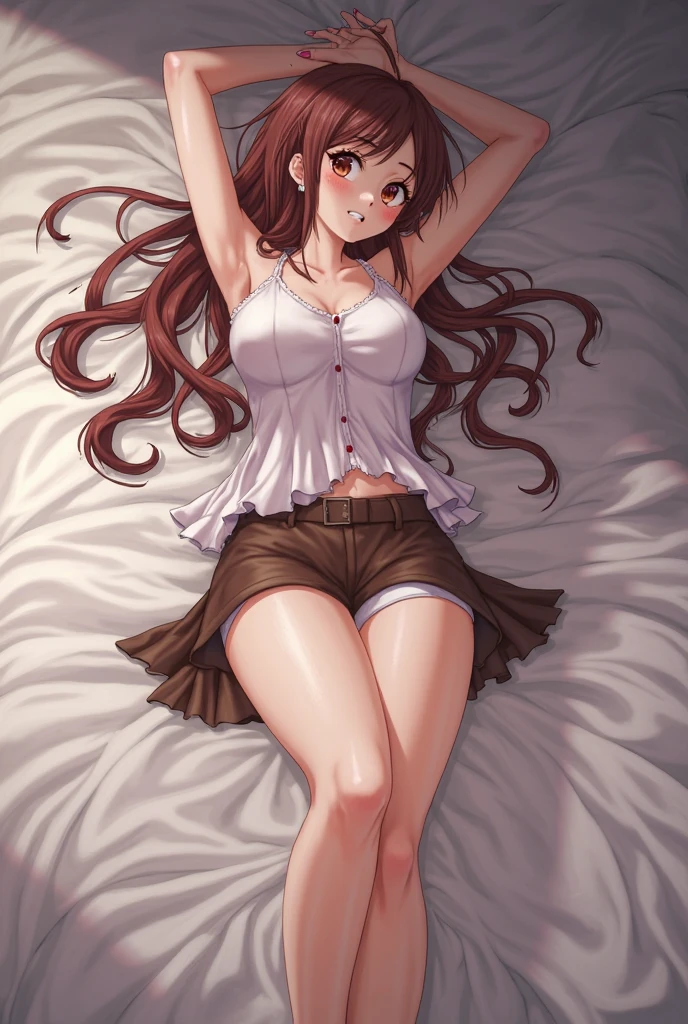 Loira peituda sentada na cama com as pernas abertas, vestindo uma regata branca e um short jeans