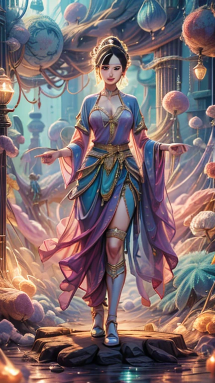 A woman with gigantic breasts in a blue and pink outfit poses in a garden, wearing an evening gown and ornate silk clothing. Inspired by Rudy Siswanto, she embodies traditional beauty with ornate attire. This beautiful oriental woman is dressed in an ao dai, a stunning costume, influenced by Basuki Abdullah. The digital artwork is a portrait shot of the highest quality, showcasing an intricate outfit. This masterpiece is presented in 8K, high resolution, RAW photo, and photo-realistic quality. It features detailed skin texture, detailed cloth texture, and a beautifully detailed face. The scene is enhanced by professional lighting, photon mapping, soft light, radiosity, physically-based rendering, and ray tracing. Captured in a model shoot style, this extremely detailed CG unity 8K wallpaper is a full-body shot of the most beautiful artwork in the world.
