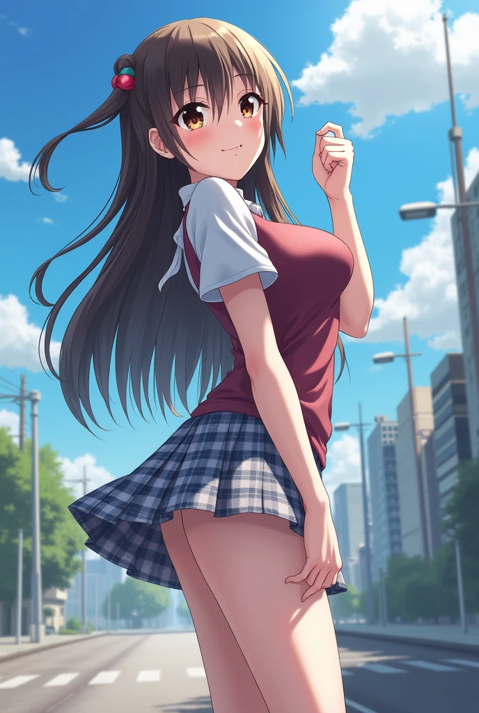 , serafuku, kamiyama high \(hyouka\), Black Skirt, Short sleeve, Black sailor collar, ((highest quality, High resolution, Hmph, Perfect Pixel, 8k, Hmph, Hmph))), 1 girl, single, alone, Beautiful woman、I could see the whole body、((Brown eyes, Beautiful eyelashes, Realistic eyes)), ((Detailed face, blush:1.2)), ((Smooth texture:0.75, Realistic texture:1.0, ((Realistic:1.3)), Anime CG Style)), Medium chest, ((Dynamic Angle:1.3)), Perfect body, In the summer park, Back view, turn around, ((Showing panties:1.2)), Skirt lift