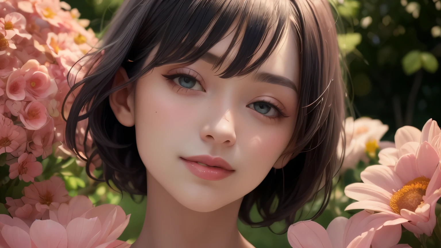 a beauty girl，Oriental women，Girly，Delicate facial features，with a round face，short detailed hair，brunette color hair，hair straight，Perfect eyebrow shape，largeeyes，Delicate double eyelids，Long fine eyelashes，gem-like eyes，Redlip，Perfect lip shape，ssmile，White and straight teeth，Cute smile，Sweet smile，Close-up of the front of the face，Full close-up of the face，Full head presentation，exquisite collarbone，White Skin Skin，Lace top，springtime，Beautiful garden，Red flowers and green leaves，Flowers are in full bloom，and the sun was shining brightly，ultra-clear，detail-rich，Realisticstyle，8K，Works of masters，Outstanding work