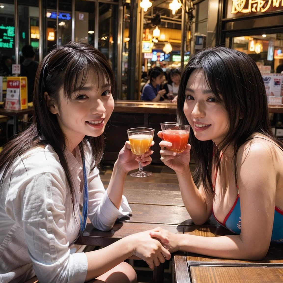 highest quality, masterpiece, Ultra-high resolution, (Realistic:1.4), Raw photo, Super detailed, Perfect Anatomy,
In the middle of the night, Three Girls, all teenagers, All the most popular Japanese idols, A drinking party on a snowy mountain is a great success, From above, Face Focus, Everyone is drunk, Everybody laughs out loud, They all have very cute faces like famous Japanese idols., Very beautiful big black round eyes, Very beautiful colorful hair, Very beautiful white skin, Detailed view of Mt. Daisetsu, Detailed drinking party