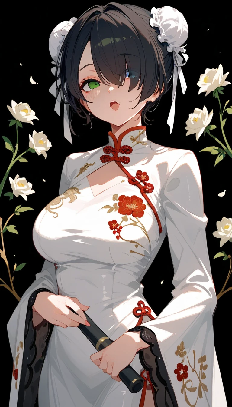Period drama manga style A 15-year-old super beautiful Chinese young lady with black hair in a bun cut wearing a super shiny red long-sleeved Chinese dress She is given a physical exam and her nipples are examined.