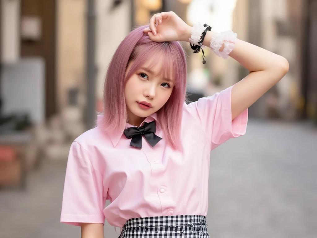 A girl with short pink hair, wearing a tight pink skirt, pink emc sunglasses over head, lollipop in hand, a white short-sleeved blouse and a pink top over the white blouse, thigh high heel boots, a back bag