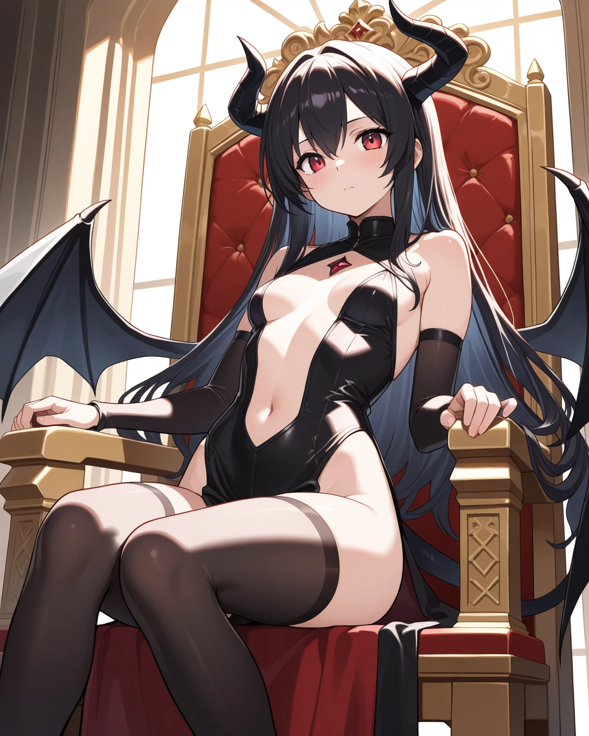 masterpiece, highest quality,Bikini Armor,tall, Large-breasted women,Devil horns,wing,tail,,no background, flat chest,Full body illustration, Long black hair, Full body portrait, anime ,on side,on back, lying,spread legs