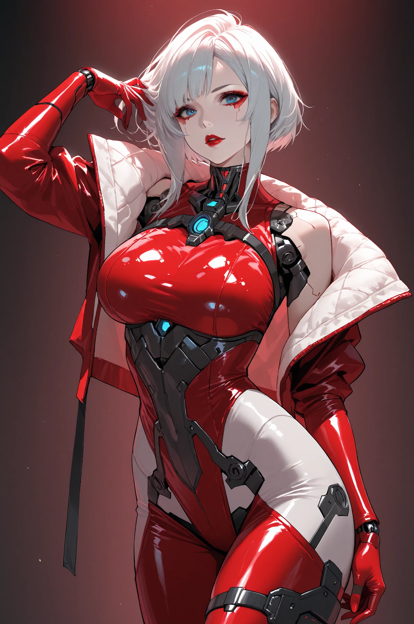 Cute girl, short silver hair, red eyes, tight red clothes, beautiful, intricate and delicate black decorations on clothes, big breasts, short shorts
