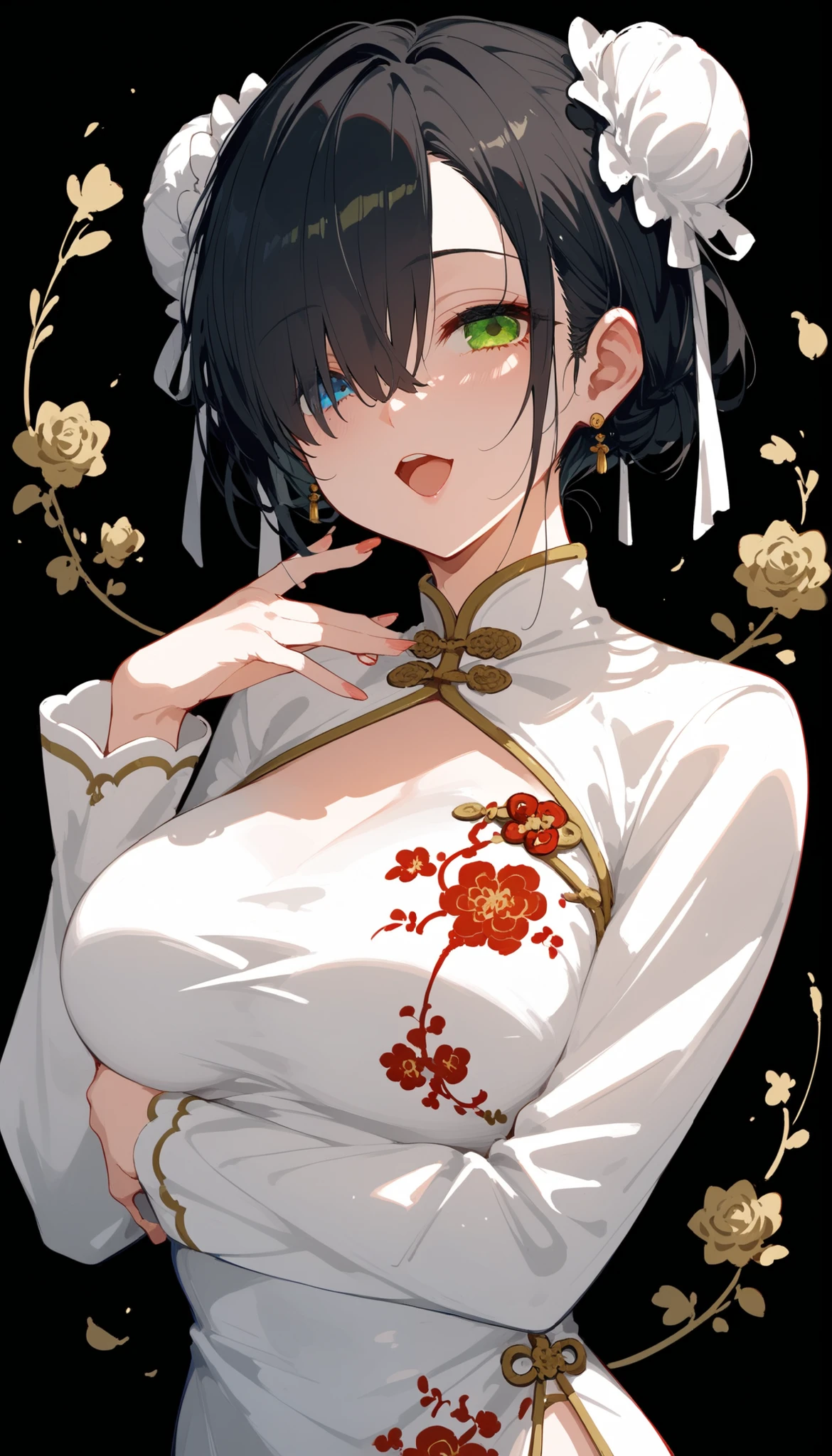 Alone ,girl,short hair,cute,,in green eyes,,in blue eyes,,eyelash,heterochromia,ผมสีดำ,Emotionless,black background,milf,I have a bun., black hair,in the empty eye,Chinese dress,beautiful,Hair over one eye,Long Sleeve Dress , floral ornaments,White suit,white skirt,I have a bun.,Open your mouth,Upper Body Shape,mafia,Big Breasts