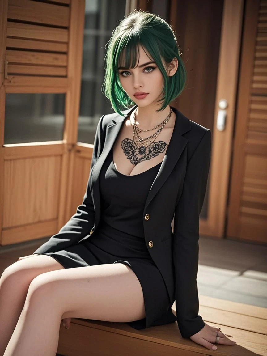 masterpiece, best quality,realistic,absurdres,1girl, solo, woman, black tuxedo, black suit, lime green hair, short hair, palace, smile, breasts, earrings, lipstick, dynamic pose
