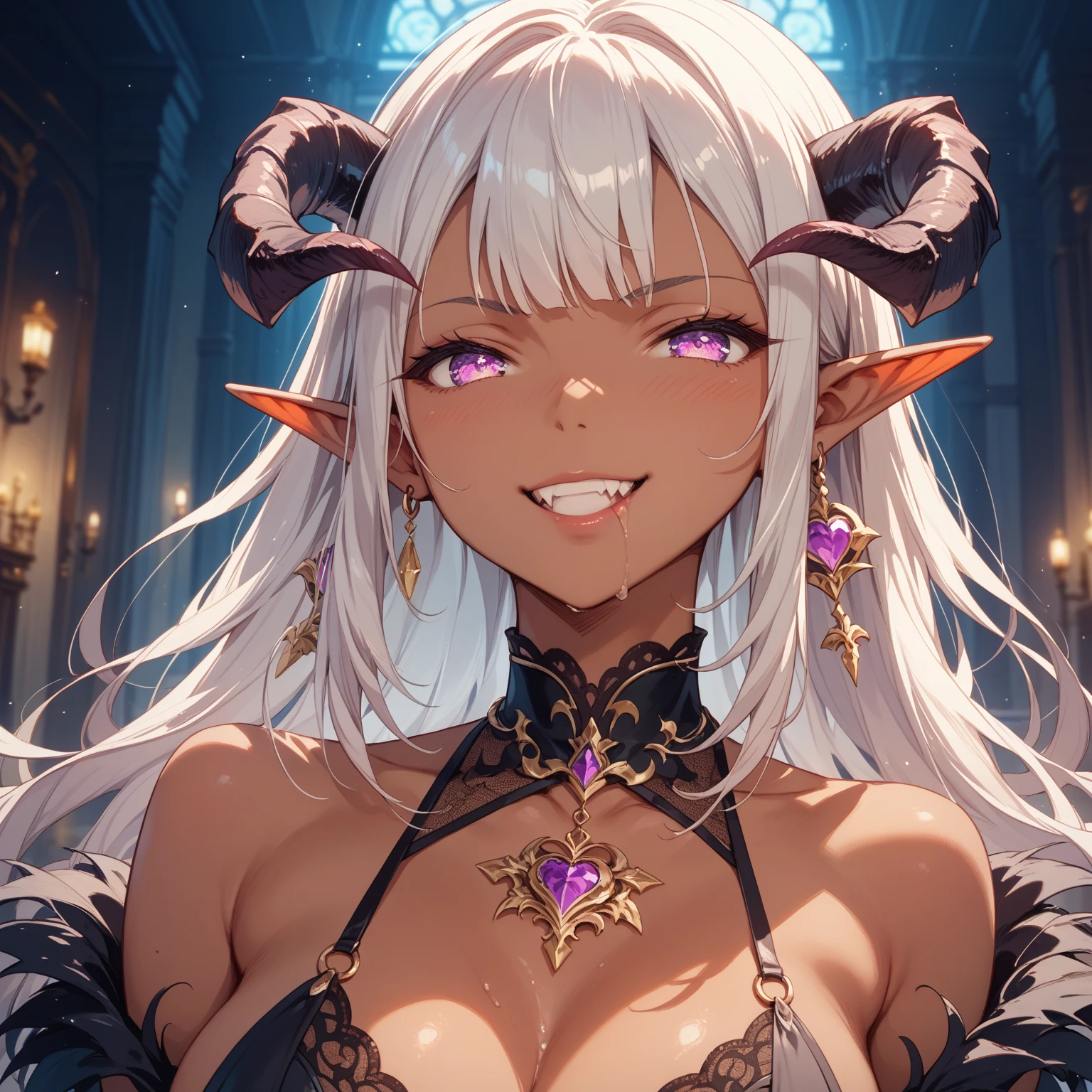 Female demon with elf ears and devil horns, Silver differentiated long hair, devil'yellow eyes, vertical pupil, Mature adult face with evil and evil smile for viewers, vampire teeth, Big body with small breasts and bust, white skin, widow'Black setting dress with chains and mist, the floor is made of red liquid, Big body with small breasts and bust, Silver hair and purple hair wet with drops of this red liquid,(yellow devil eyes), bright eyes, real fashion, About SYSIE High Definition, photograph, vision, unique 850 4, koda850k portrait camera, 春F1.6, rich colors, Super realistic texture, Amazingly light texture, surreal art, Cinestil 800 Fashion Mechanism.