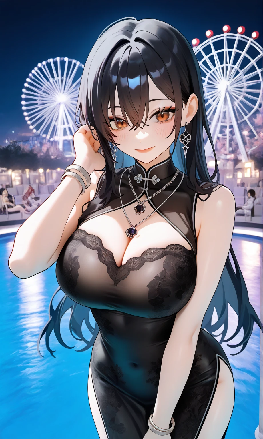A high-quality hologram trading card featuring an anime-style girl. The card has a black background, enhanced with a glittery and mother-of-pearl finish. high resolution、Ultra HD、Best Quality、Top quality、Extremely detailed image quality、Realistic woman、A big smile、(1girl:1.8)、(looking straight:1.8), Japanese、Peaceful face、45-year-old woman、Married Woman、Plump body、belly button、Black Hair、long、Shiny skin、Skin that is very shiny after applying oil、High gloss skin、Facing forward、The whole body is reflected、The road in front of the house、Woman wearing(The description of Competition swimwear:1.5), (One piece swimsuit:1.2), (High leg swimsuit:1.2), (Reflection of light:1.4), High leg panties, (Bursting huge breasts、Valley、Shiny skin、radiant skin、Glowing Skin、High gloss skin:1.4)、. The artwork captures a vibrant and detailed depiction, with a shimmering effect to mimic a holographic appearance.
