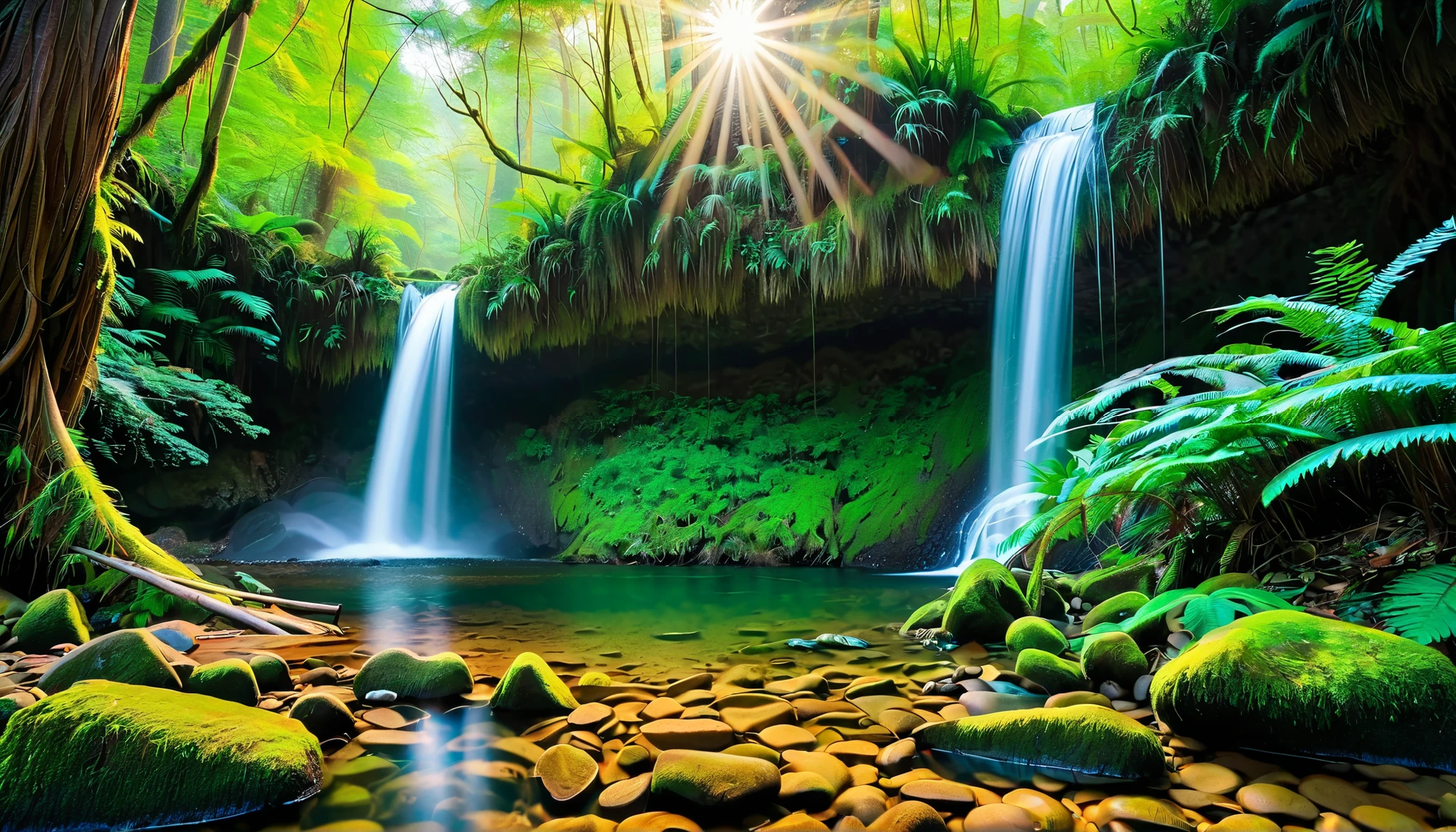 I have a picture of a waterfall,A beam of light is emitted from the waterfall, Mysterious Forest Lagoon, Forest rays, Magical forest background, Magical Environment , A bit of sunshine, A beautiful and mysterious, Mysterious Atmosphere, Amazing screensaver, Entrance to the spirit world, , With a mysterious light, reflectionする光, 川にreflectionする太陽の光, portal to another world ,tyndall phenomenon,reflection, heart shape,A stream with a lot of water flows through the primeval forest,Fog has a fantastic atmosphere,