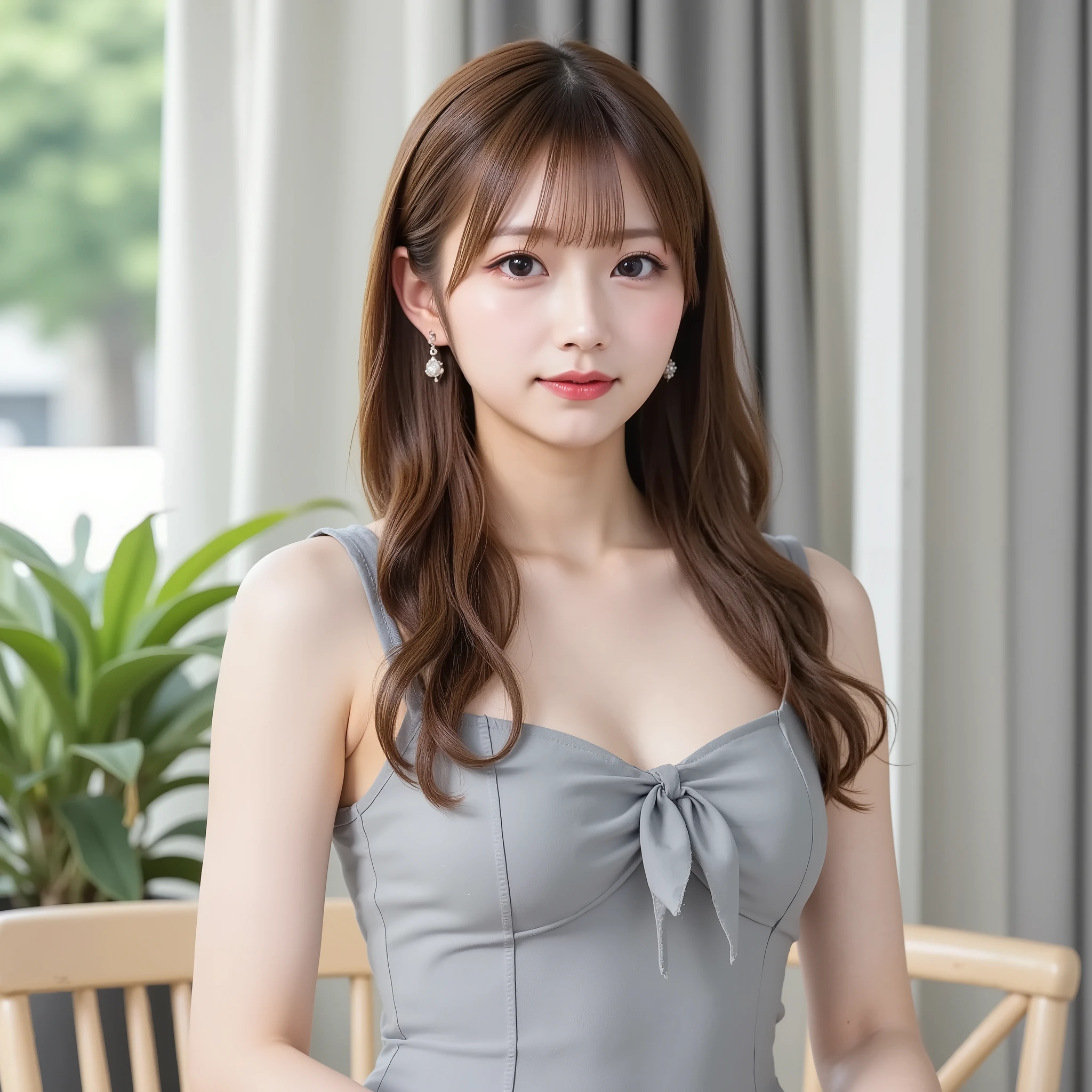 Beautiful, airy interior with soft natural lighting, In the background, creates a calm and elegant atmosphere. The subject is a young woman standing facing the camera, shot from the front. She is dressed in light grey, natural tones and It emphasizes the serene mood of the scene {x} This is a mini camisole dress with a ribbon decoration on the chest, gives her a classy and sophisticated impression. Her figure is characterized by large breasts. she's been a long time, soft, Wavy Black Hair, kind, Round face and double eyelids, Relaxed, kind笑顔. her skin is bright 、, smooth, and flawless, which highlights her natural beauty. The lighting is soft and even, emphasizes natural colors and the tranquil mood of the scene. Every Little Detail , from the 文章ure of her dress to the softness of her hair and the clarity of her eyes, is rendered in high resolution、nsfw,