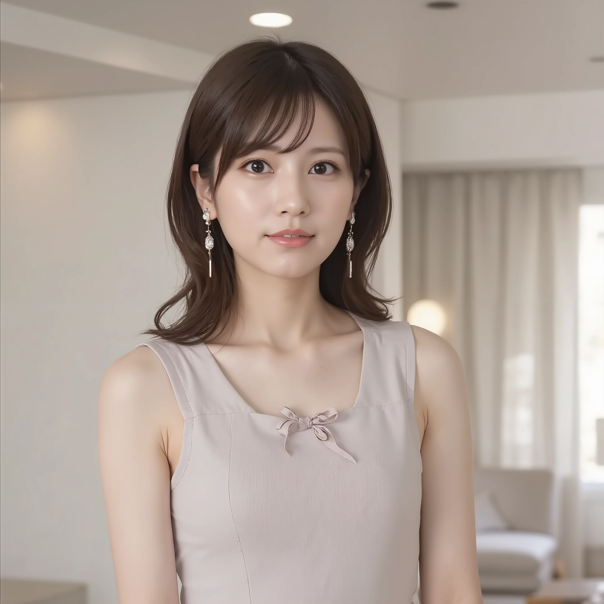 Beautiful, airy interior with soft natural lighting, In the background, creates a calm and elegant atmosphere. The subject is a young woman standing facing the camera, shot from the front. She is dressed in light grey, natural tones and It emphasizes the serene mood of the scene {x} This is a mini camisole dress with a ribbon decoration on the chest, gives her a classy and sophisticated impression. Her figure is characterized by large breasts. she's been a long time, soft, Wavy Black Hair, kind, Round face and double eyelids, Relaxed, kind笑顔. her skin is bright 、, smooth, and flawless, which highlights her natural beauty. The lighting is soft and even, emphasizes natural colors and the tranquil mood of the scene. Every Little Detail , from the 文章ure of her dress to the softness of her hair and the clarity of her eyes, is rendered in high resolution、nsfw,