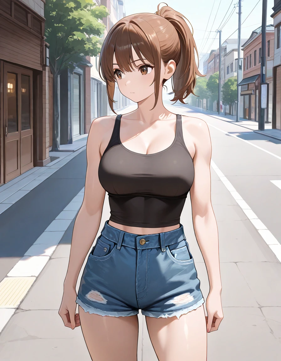 Chica jovencita, cuerpo delgado (caderas grandes), cintura chica, pechos muy grandes,Tight translucent T-shirt with plunging neckline, sonrojar, Brown hair (peinado con dos colitas) con flequillo, leggins apretado, con tacos