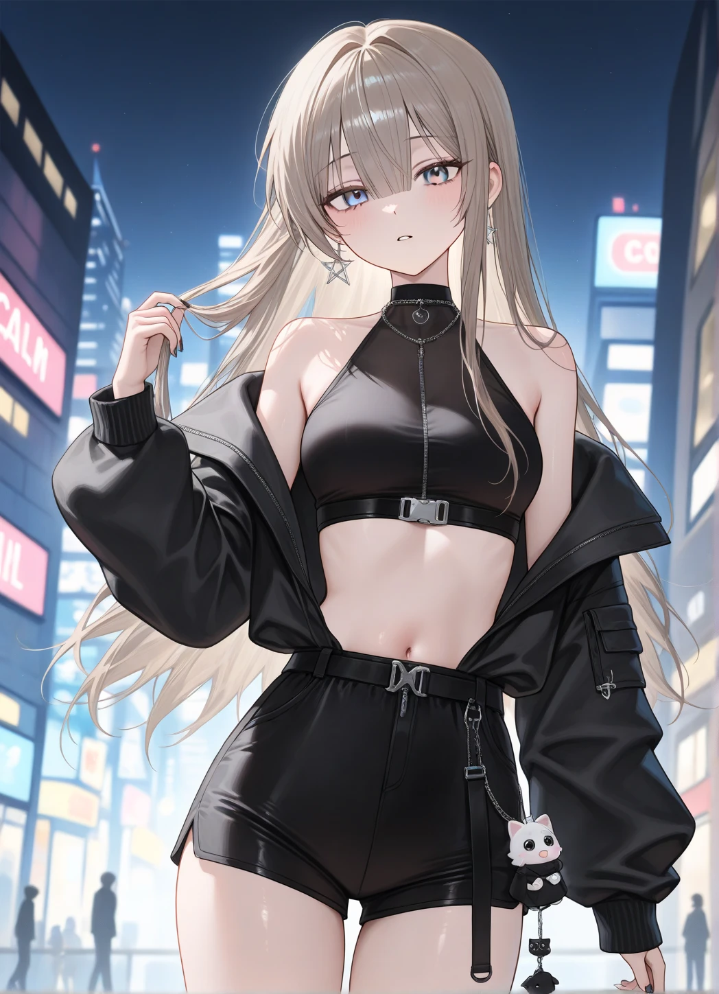 ((masterpiece)),(best quality),official art,extremely detailed CG,unity 8k wallpaper,ultra detailed,1girl,solo,cowboy shot,chinese_clothes,animal_ears,panda_ears,china_dress,cleavage_cutout,eyewear_on_head,clothing_cutout,multicolored_hair,cleavage,sunglasses,twintails,grey_hair,hair_over_one_eye,streaked_hair,smile,black_hair,black_dress,sneakers,looking_at_viewer,black_footwear,long_hair,open_jacket,short_dress,medium_breasts,bangs,round_eyewear,long_sleeves,black_nails,two-tone_hair,white_jacket,<lora:Feater(ark)>,