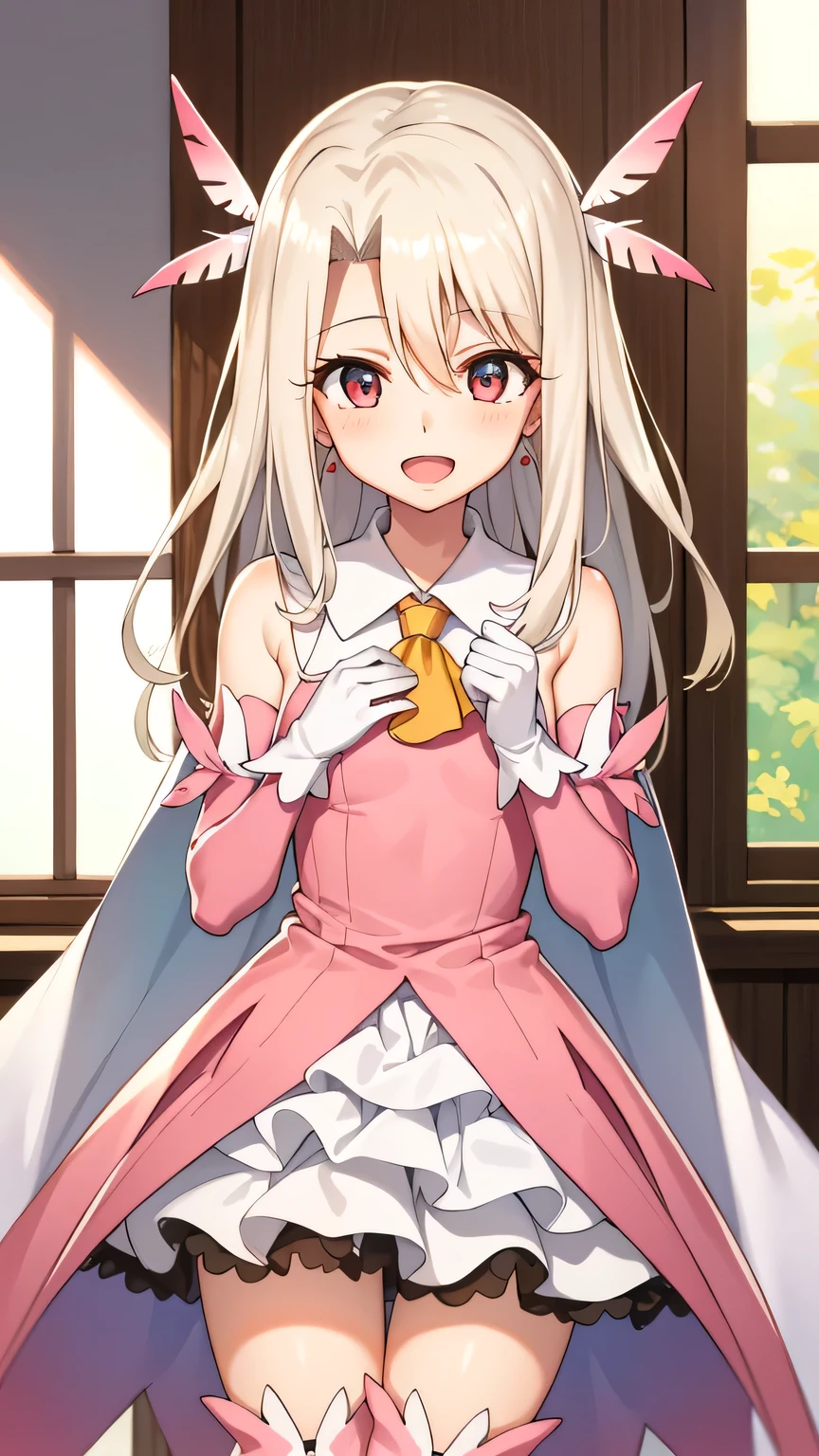 {{{masterpiece}}}, (best quality:1.5), (ultra-detailed:1.5), {illustration}, {{an extremely delicate and beautiful}}, (beautiful detailed eyes:1.6), absurdres, highres, extremely detailed face, 16k, hd, visual anime de uma jovem mulher, extremamente bonito rosto de anime, anime melhor garota, (perfect hands, perfect anatomy), anime face, Illyasviel von Einzbern(Fate/Kaleid Liner Prisma Illya), illyasvielvoneinzbern, illyasviel von einzbern, 1girl, solo, cute face, long hair, blonde hair, (parted bangs:1.5), hair between eyes, sidelocks, hair ornament, (feather hair ornament:1.2), (red eyes:1.2), earrings, short of a person, medium breasts, thin waist, big hips, curvaceous, BREAK, magical girl, white gloves, dress, (pink dress:1.4), cape, white cape, jewelry, detached sleeves, yellow ascot, pink arm cover, white elbow gloves, (white skirt:1.2), ruffle skirt, red petticoat, (pink thigh boots:1.3), thighs, zettai ryouiki, BREAK, night, indoor, bedroom, on the bed, window, moonlight, open mouth, smiling, confession, embarrassed, flushed cheeks,from front, looking at viewer, dark room, covering chest by one hand, knees together feet apart, sit
