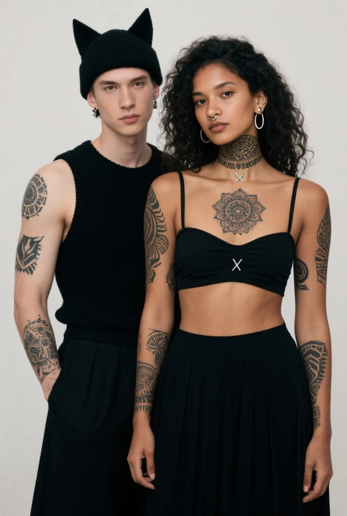 realistic,portrait of dark-skined American 1man and pale-skinned French 1woman,half body,both looking at viewer,pale French girl in open v chest clothes and black american boy in collared shirt,jewelry,flower,necklace,breasts,sexy art,refined editorial photograph,real photo,8k,sharp high-quality photo,
