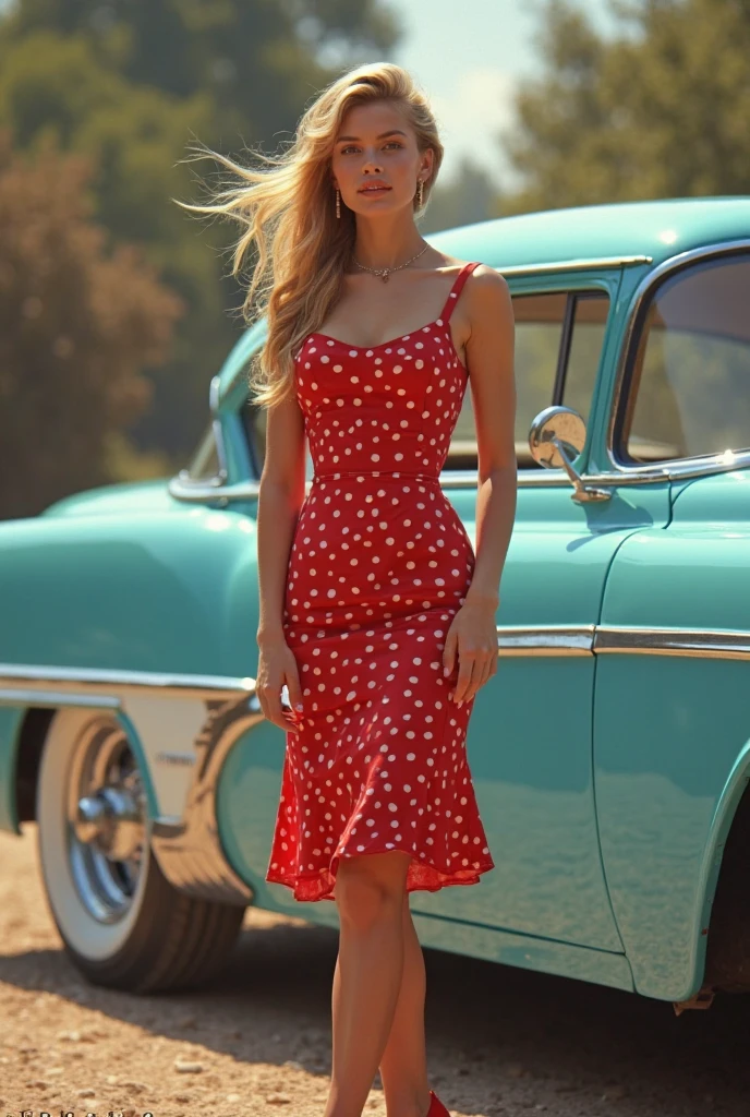 "Sydney Sweeney in a delicate, floral dress surrounded by the stark machinery of her car restoration hobby."