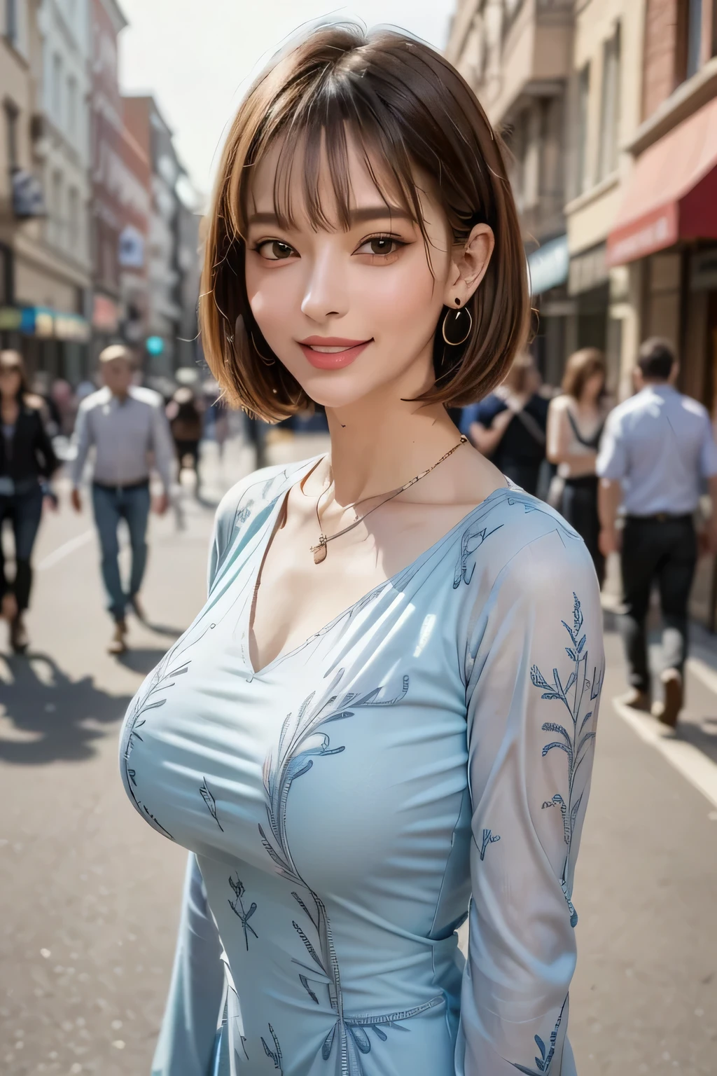 (1. beauty), (Complete anatomy ), ((cowboy shot)), (grin), Golden Ratio, ( top quality:1.4), 32k resolution, (    realistic     :1.5), High resolution UHD, (Masterpiece :1.2)), (Improved quality:1.4), (  Very beautiful face details  ), ( top quality), ((blue body dress decorated with detailed patterns :1.37)),    earrings,     necklace, ( big breasted:1.3), (thigh), Accurate Fingers,   very detailed,   beautiful eyes,    double eyelids ,     eyelash    , Shaping your eyebrows, ((   very detailed)),     red cheeks    , Ultra-     realistic     eyes, Perfect Lips,      perfect eyes,    Natural Cosmetics   , [ pink lipstick ], (( Commitment to quality       :1.2)), (    beautiful lips:1.33), (Beautiful Nose:1.2), ( big breasted),       brunette pixie cut, ((walking in the city street :1.1)), ((    realistic   )), ((   sharp concentration )), (     Highest Resolution ), ((    HD)), ((Masterpiece)),     professional cinema lighting  