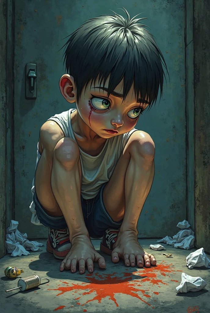 8k wallpaper, masterpiece, a japanese young male, detailed eyes, nude, (in public:1.3), collar with chains, handcuffs, shy, (sorrowful:1.2), shed tears, (cry a lot:1.2), black short hair, short height, be hit wih a whip, despair, underground, slave, humiliated, (many men around him:1.2), punishment, torture, a bullwhip,bdsm