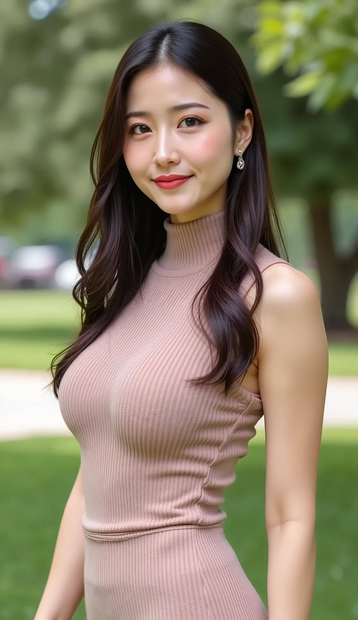 A beautiful middle-aged woman (48 years old: 1.4) standing in a park, with wavy black hair, thick and beautiful legs, fine laugh lines: 1.2, and a captivating smile. . Sharp facial details, amazing beauty (ultimate beauty), female face and eyes, (lipstick: 1.1), (eyeliner: 1.2), mascara, eyeshadow. The model exudes elegance and confidence, close to a large garden, the quality of the photos by Nomi (Nomi: 1.2, Nomi: 1.1, Nomi: 1.37), the concert venue of unparalleled beauty, and the aesthetics of the format (1.4). The image is clear and refined (1.4), depth of field, physically based rendering. Each fashion pattern creates a sophisticated seasonal feel, and the image gives an impression of clear sophistication. The moss-covered turtleneck sleeveless knit dress, the makeup includes an abstract blurred background, reflecting quiet sophistication.