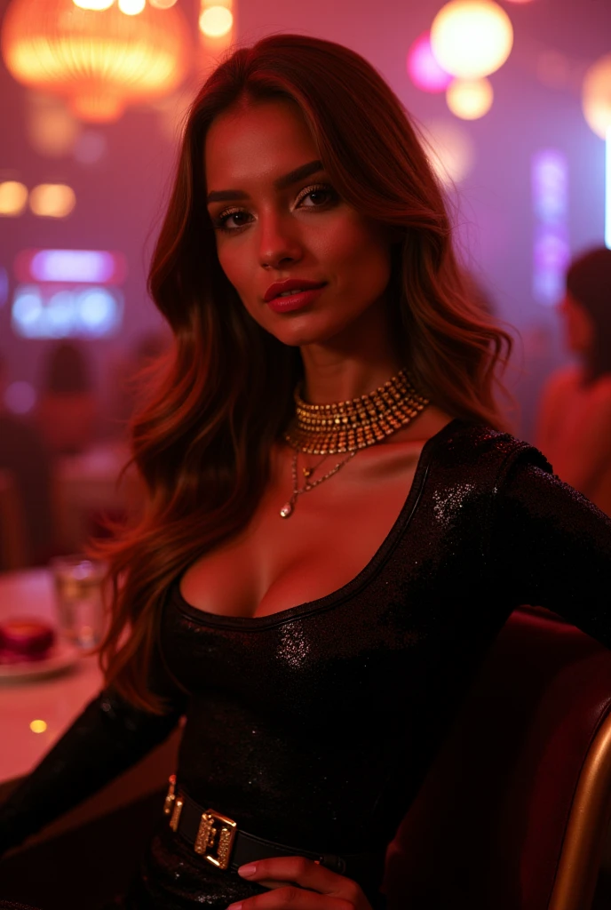 a beautiful mixed girl, long wavy hair, beautiful detailed eyes, On the dance floor, dancing night club ,beautiful detailed lips, creating shell jewelry on a wooden, extremely detailed and sexy body, in a night club, black latex pants, sexy red top, best quality, 4k, 8k, highres, masterpiece:1.2, ultra-detailed, realistic, photorealistic, photo-realistic:1.37, portrait, landscape