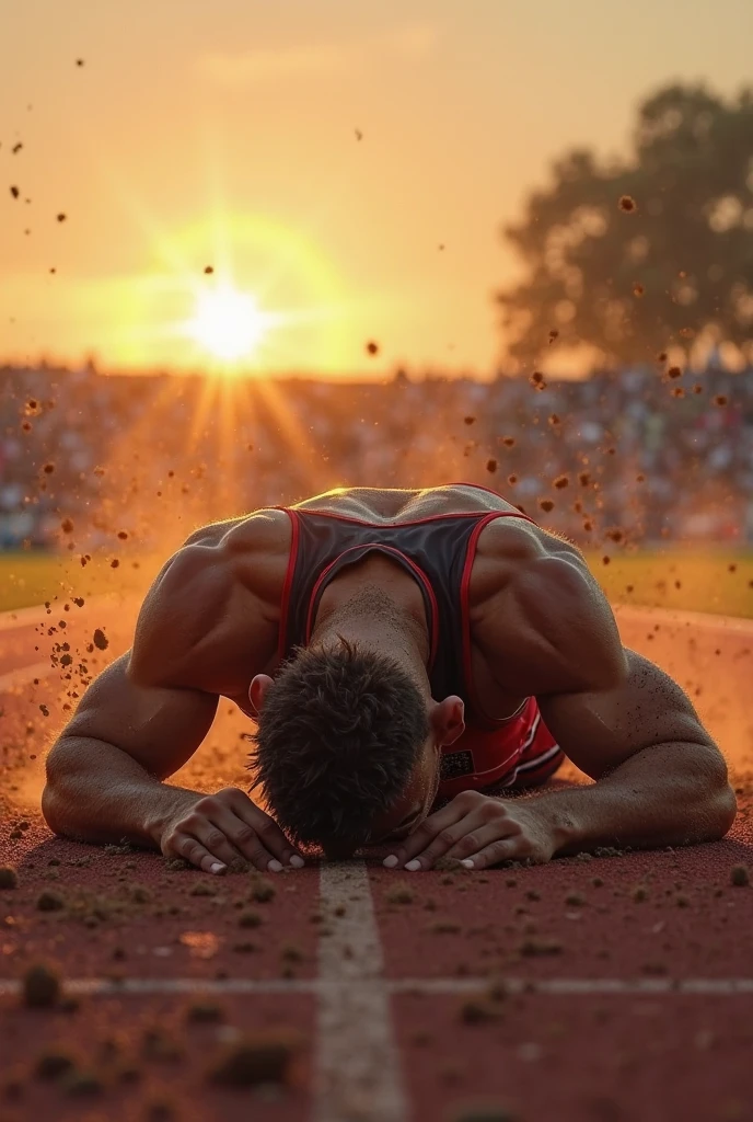 athletic handsome 35 year old shirtless man wearing shorts lying flat on his back on ground on running track exhausted after running race. stretched out, arms above head. muscular. sweaty.