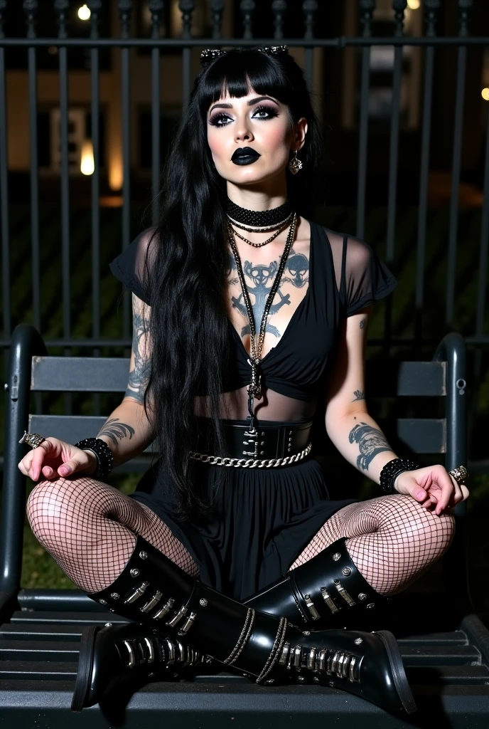 ((Benevolent ((dark-skinned Haitian)) (goth 55 year old) goddess)) with (long braided grey hair) sitting in an opulent throne while reading a mystic tome, henna tattoos on arms and legs, wearing golden bracelets and thigh high stockings, plump thighs, high quality photo, sitting in the middle of the (dense cannabis sativa forest) during golden hour, visible stretch marks and cellulite