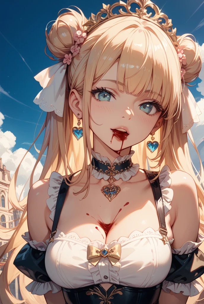 (finely detailed beautiful eyes and detailed zombie face,masterpiece sidelighting,masterpiece,best quality,detailed,high resolution illustration),, (depraved topless zombie girl,whole body,sundress,lustrous skin,looking down,looking at viewer),, (blood hair,blue eyes,ribbon, sheer clothes), (clothed_underbust:1.2),underboob
