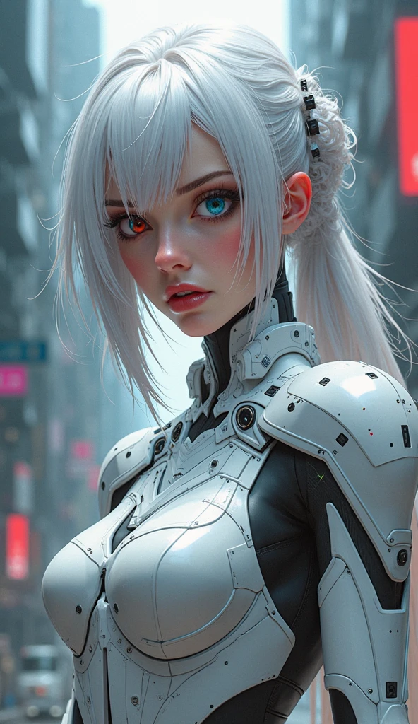 8K, RAW, best quality, masterpiece, ultra high res, colorful, portrait, (medium wide shot), (dynamic perspective), sharp focus , (depth of field, bokeh:1.3), extremely detailed eyes and face, beautiful detailed eyes,
(Very noble and beautiful), Cinematic Light, (1 Mechanical anthropomorphic white wolf girl), Looking at viewer, White ceramic body, luminescent android blue eyes, black sclera, big cleavage, Solo, (Mechanical joints), (Mechanical limb), (Blood vessels attached to telemechanical spine attached to the back), (Mechanical cervical vertebrae attached to neck), (Wires and cables attached to the head and body), neon details, Science fiction, full body shot, The background is Cyberpunk City, realistic, hand on face